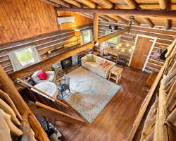View from loft river cabin interior